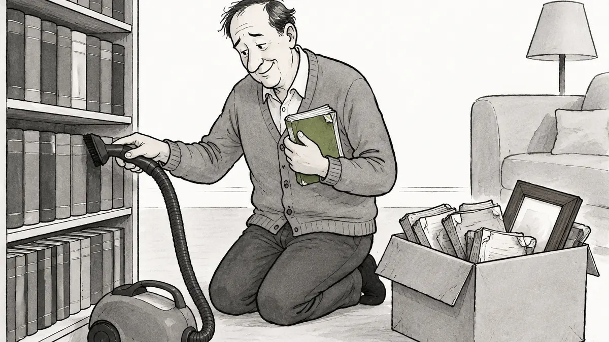 A man kneels by a shelf of untouched hardbacks, vacuuming one carefully while clutching a worn, beloved paperback beside a box of discarded well-read books.